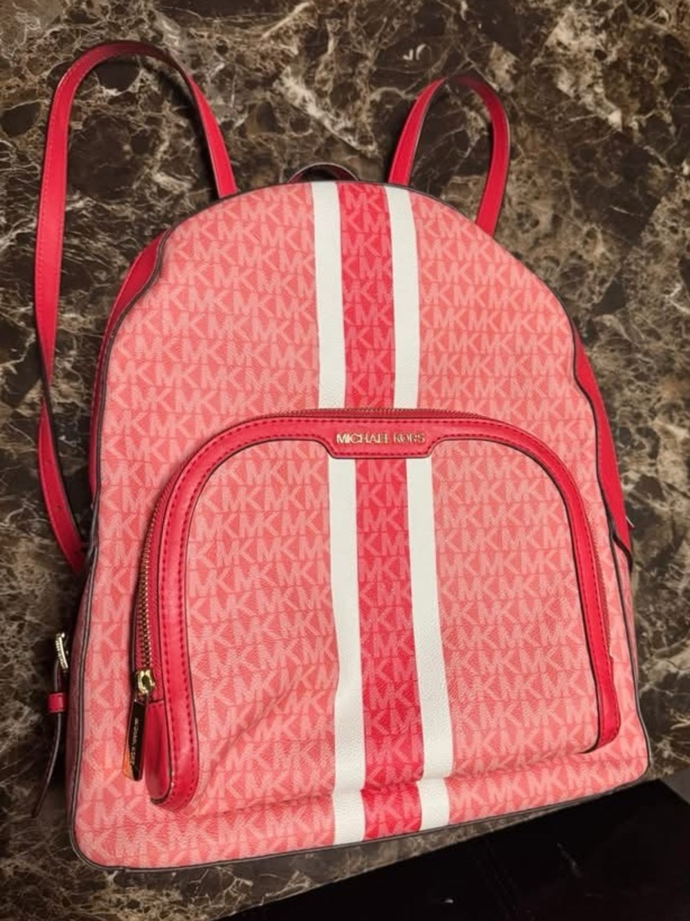 Michael Kors Pink and White Stripe MK Logo Backpack